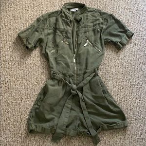 Military green utility jumpsuit shorts